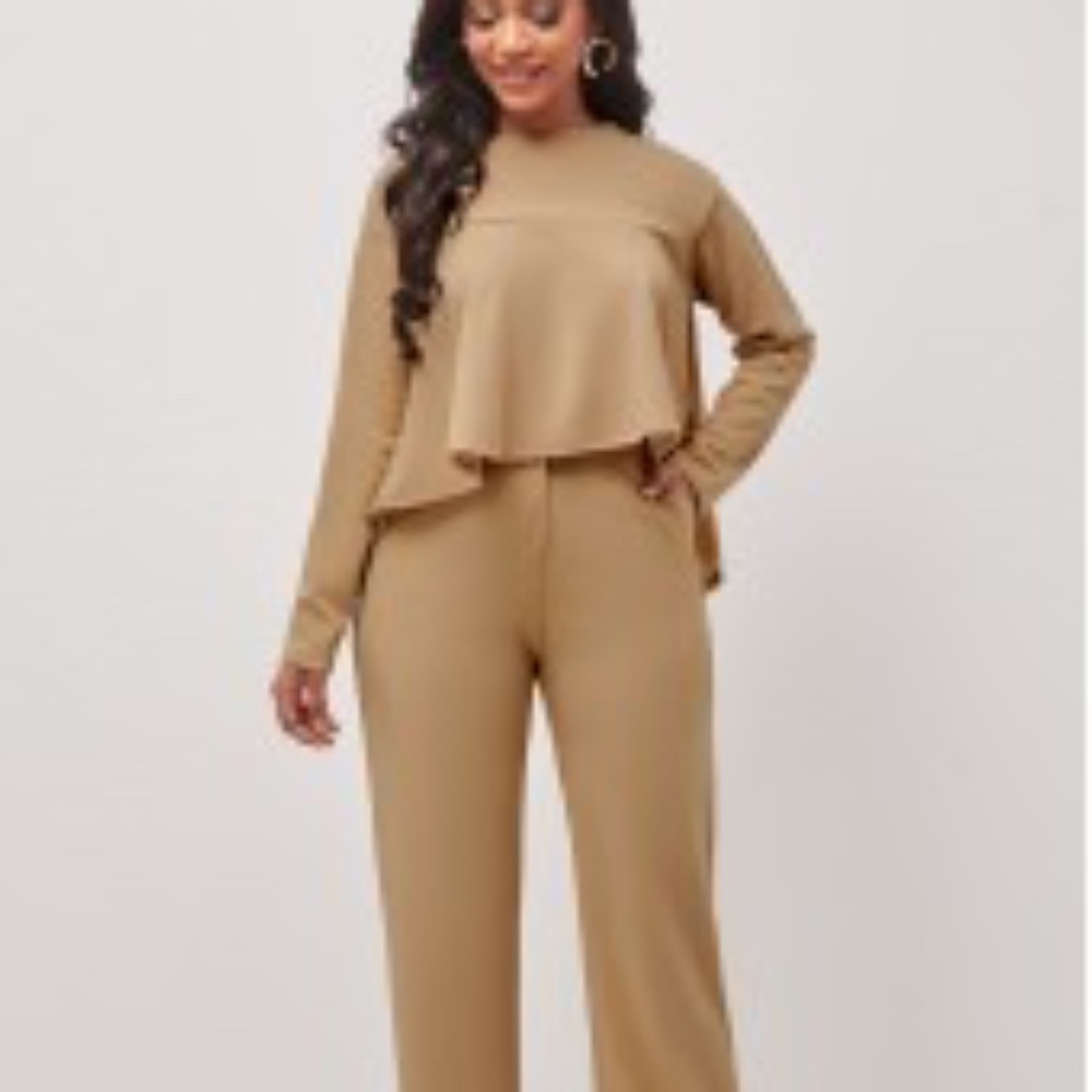 Zipper Fly Light Khaki Dip Hem Top and Pants